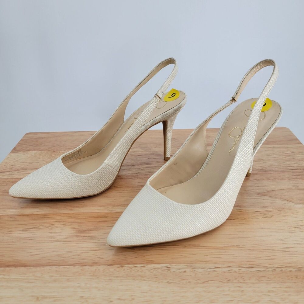 Jessica Simpson 9M Ivory Woven Slingback Pumps Pointed Toe Stiletto Heels NWOB